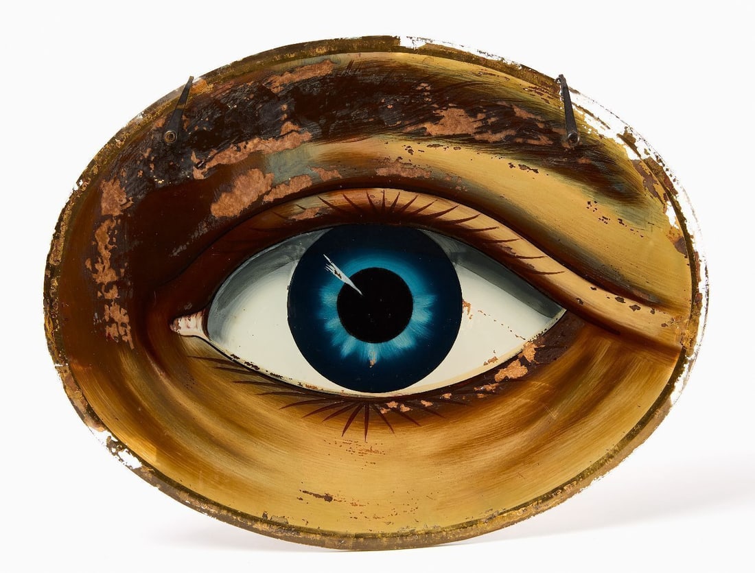 Optometrist Trade Sign: Optometrist trade sign. Reverse paint on beveled glass. Original chain and backing. American, early 20th century. H 13-1/2 in. W 17-1/4 in.