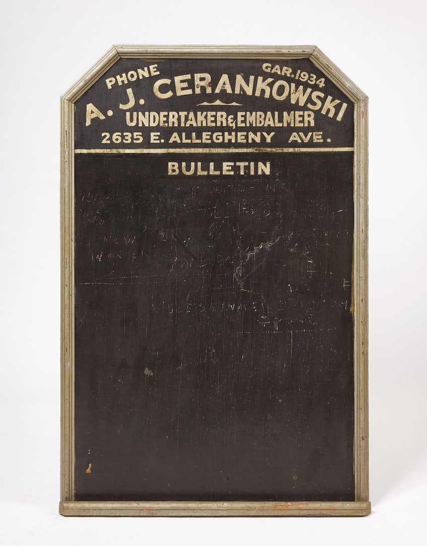 Undertaker and Embalmer Bulletin Board Sign: A. J. Cerankowski Undertaker & Embalmer bulletin board sign. Original paint on wood. Philadelphia, PA, circa 1945. H 54 in. W 36 in.