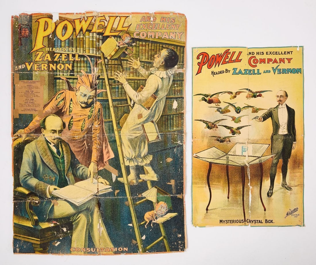 Two Powell Magician Posters: Two Powell & Company (Headed by Zazell & Vernon) magician posters. 'Consultation', together with 'Mysterious Crystal Box'. Lithograph on linen. America, circa 1900. L 36-3/4