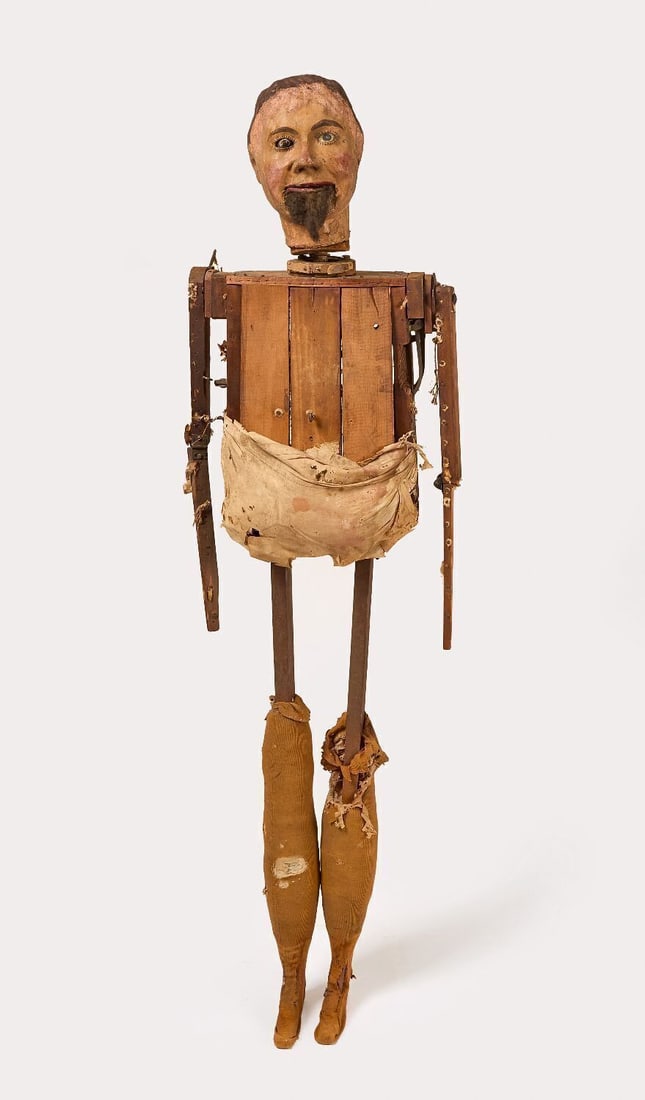 Ventriloquist Figure: Early ventriloquist figure. Wood body with paper mache head. Some movable joints. American, late 19th century. H 62 in. Provenance: From the estate of Magician Samuel H. Briggs. Briggs was an