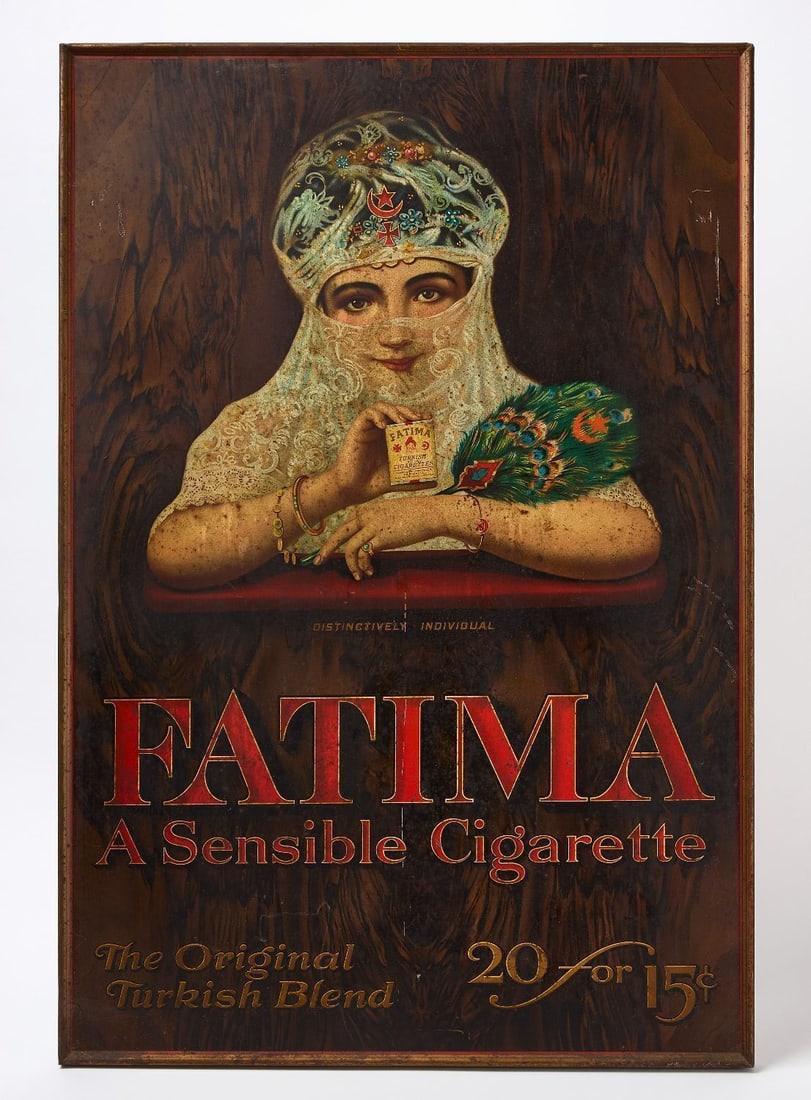 Fatima Cigarette Sign: Fatima cigarette sign. Single-sided self-framed tin with gypsy graphic over wood. American, circa 1910-20. H 38 in. W 25-1/2 in.