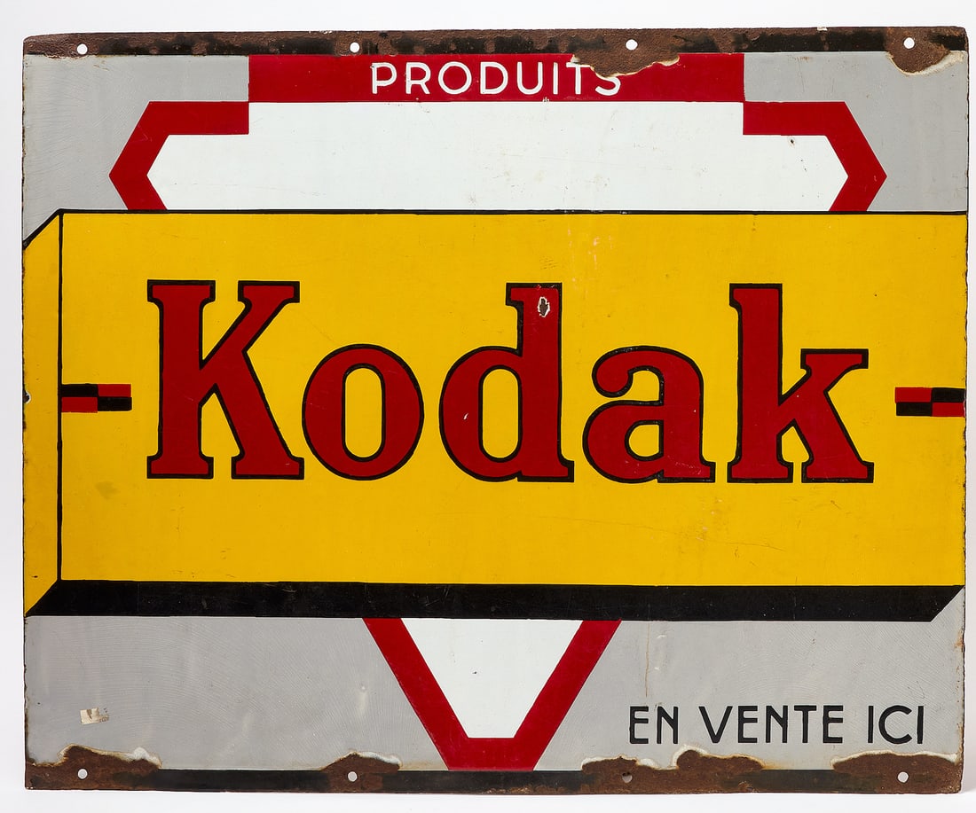 French Kodak Sales Sign: Kodak sales sign. Double-sided enamel. Reads 'En Vente Ici (For Sale Here)'. France, mid 20th century. H 25-1/2 in. W 31-1/2 in.