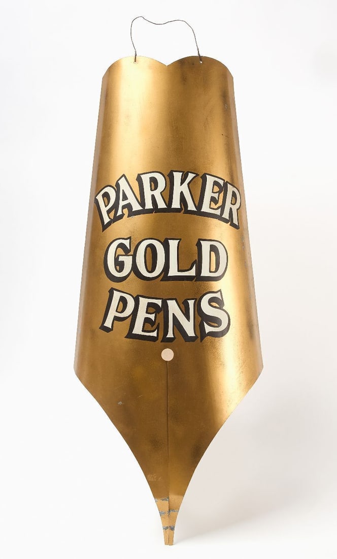 Parker Gold Pens Trade Sign: Parker Gold Pens figural pen tip trade sign. Paint on sheet metal. American, circa 1930. L 35-1/2 in. W 14-1/2 in.