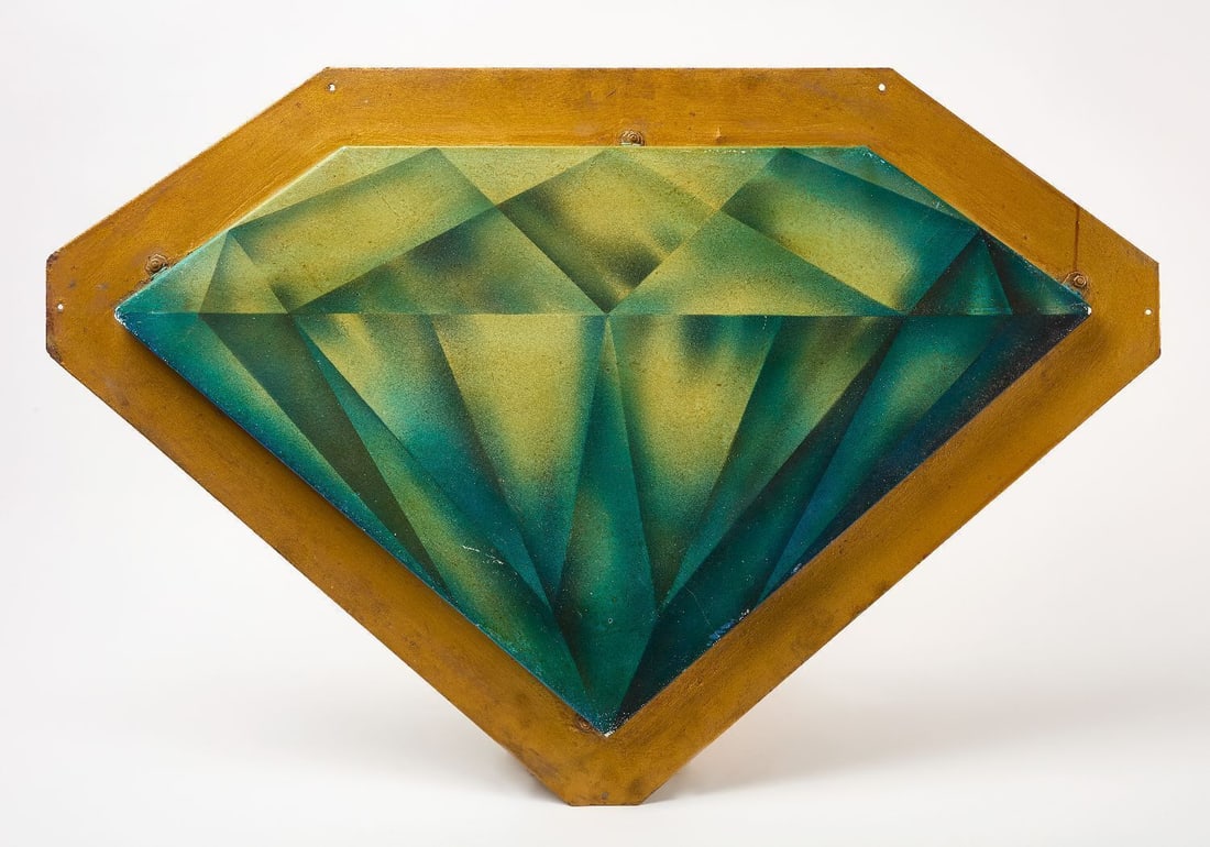 Jewelry Shop Trade Sign: Jewelry shop figural trade sign resembling a large diamond. Painted metal. American, circa 1940. H 23-1/8 in. W 34-7/8 in.
