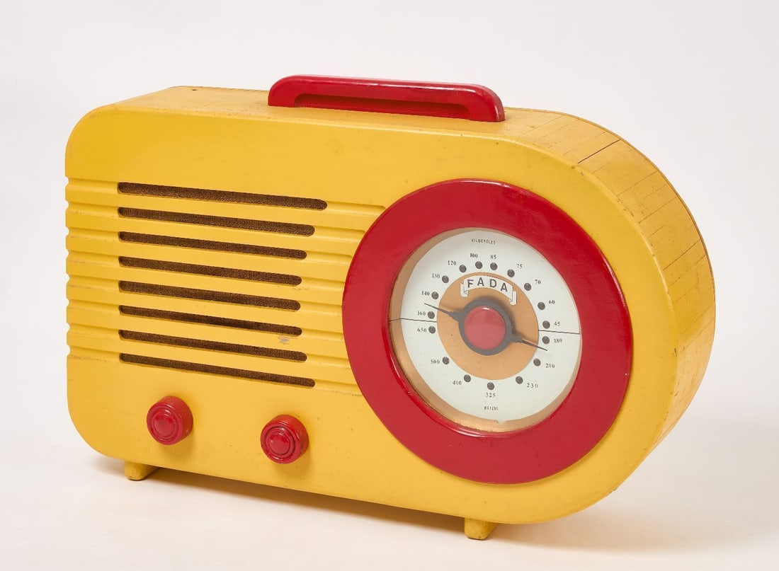 Fada Radio Store Display: Oversized FADA radio store display or sign. Carved and painted wood. Appears to be wired like a radio cabinet. American, mid 20th century. H 28 in. W 41-1/2 in. D 9-1/4 in.