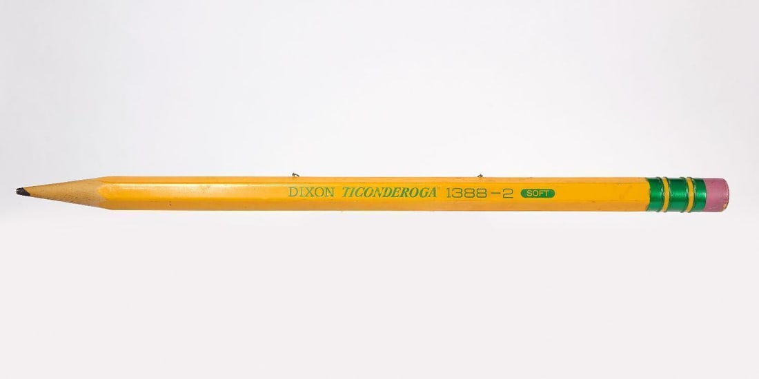 Pencil Trade Sign: Oversized Dixon Ticonderoga pencil trade sign. From a stationary or office supplies store. Carved and painted wood with original metal hanging chain. American, last quarter 20th century. L 68 in.