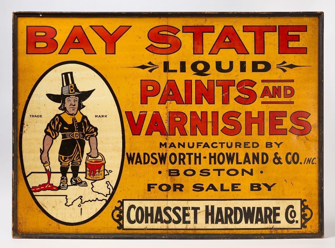 Bay State Liquid Paints and Varnishes Trade Sign - Cohasset Hardware Co.: 'Bay State Liquid Paints and Varnishes Manufactured by Wadsworth Howland & Co Inc. Boston - For Sale by Cohasset Hardware Co.' Single-sided trade sign in wood frame. Original paint