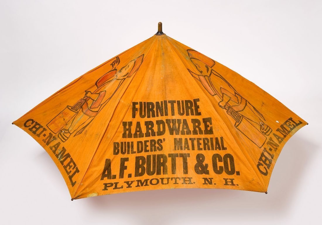 Chi-Namel Advertising Umbrella: Early canvas advertising umbrella for Chi-Namel with little boy graphic. 'Furniture, Hardware, Builders' Material A. F. Burtt & Co. Plymouth, N. H.' New Hampshire, circa