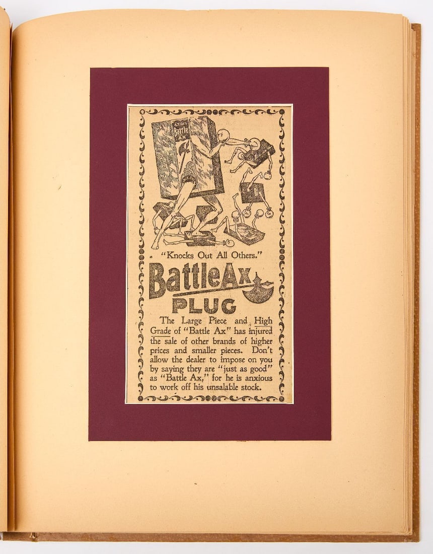 Collection of Battle Ax Plug Tobacco Crate Labels: Collection of 16 original Battle Ax Plug tobacco labels, each with different, whimsical advertising designs. Clipped from newspapers and assembled into the album. American, circa 1900. Ea: H 10 in. W