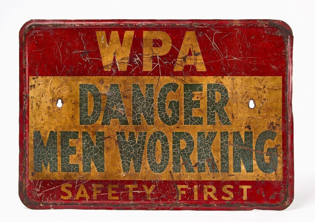 WPA Safety Sign - Danger Men Working: WPA (Works Progress Administration) sign. DANGER - MEN WORKING. Single-sided painted tin. American, circa 1940-50. H 14 in. W 20 in.