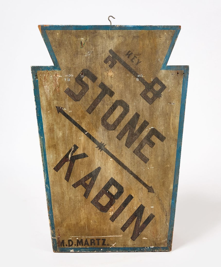 Key Stone Kabin Sign: Key Stone Kabin (Cabin) sign. Single-sided original paint on wood board. Keystone form. Signed by sign painter M. D. Martz. American, early 20th century. H 34 in. W 23-1/2 in.