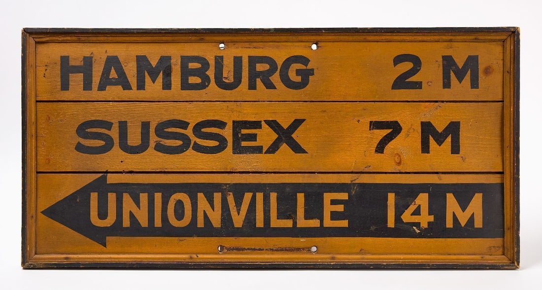 Early Bus Route Sign - Hamburg, Sussex, Unionville: Early bus route sign for New Jersey/New York locations - Hamburg, Sussex, and Unionville. Single-sided pine with original paint. Circa 1930-40. H 17-3/4 in. W 36-3/4 in.