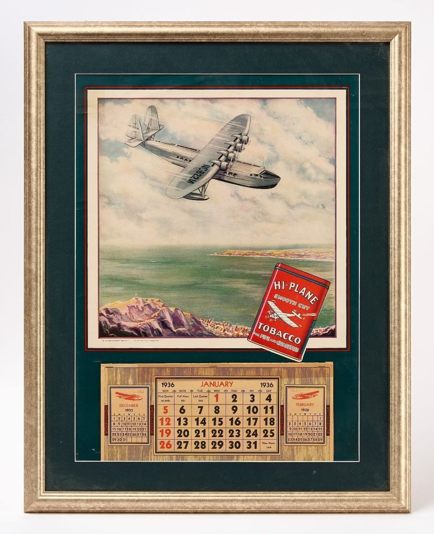Hi-Plane Tobacco 1936 Advertising Calendar: Hi-Plane Tobacco 1936 unused advertising calendar. Depicts The Pan American Airways Brazilian Clipper. Shows calendars for December 1935, January 1936, and February 1936. Modern mat and frame.