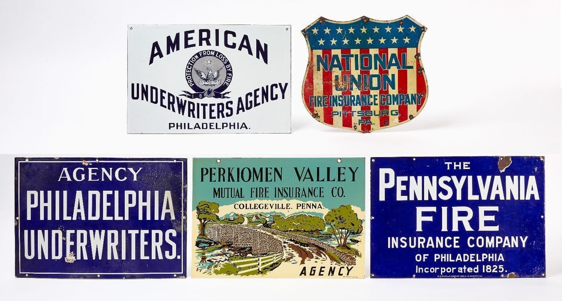 Five Pennsylvania Insurance Signs: Group of 5 Pennsylvania insurance signs. Four porcelain, and one double-sided tin in shield form with patriotic design (National Union - Pittsburgh). Standout includes double-sided porcelain