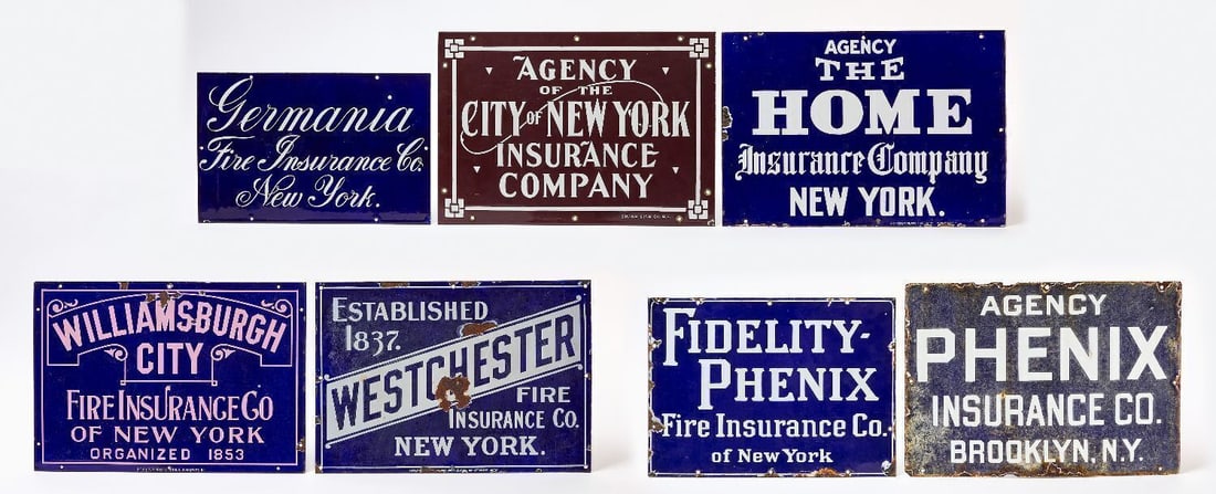 Seven New York Porcelain Insurance Signs: Group of 7 New York insurance signs. All single-sided porcelain. Companies include Phenix Insurance Company (Brooklyn), Fidelity-Phenix Fire Insurance Company, Westchester Fire Insurance Company,