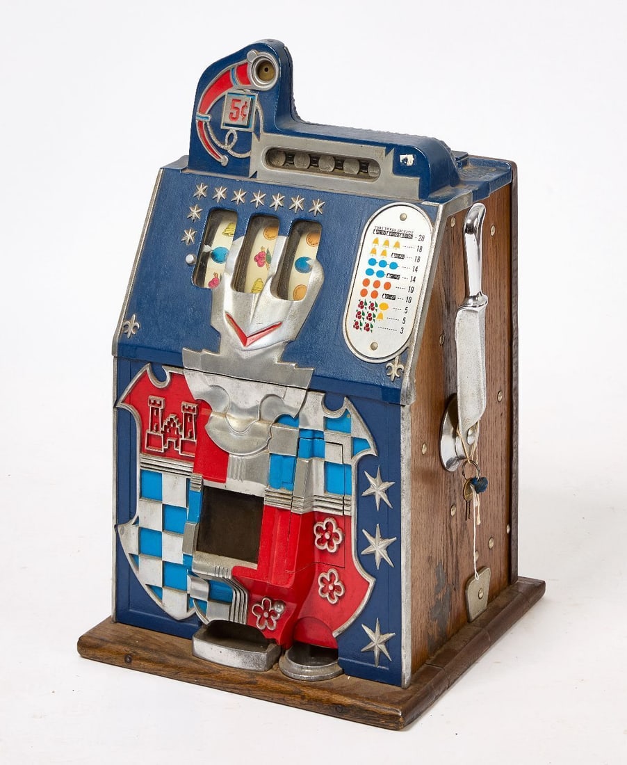 Mills 5-Cent 'Castle Front' Slot Machine: Mills 5-cent 'Castle Front' slot machine. Includes key. American, circa 1930. H 25-1/2 in. W 15-1/2 in. D 15 in. Provenance: Collection of Paul and Dodi Algiers (Massachusetts, USA).