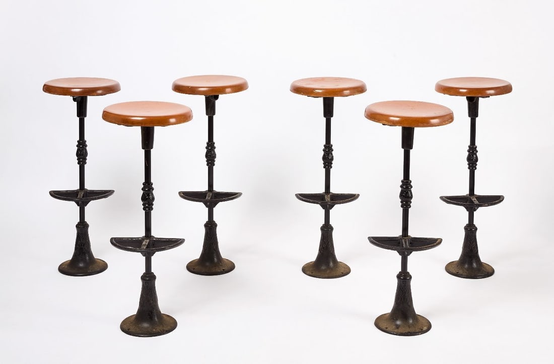 Set of Six Soda Fountain Stools: Set of six soda fountain stools. Cast iron with wood tops. American, circa 1920. H 30 in. Dia 12 in. Provenance: Collection of Paul and Dodi Algiers (Massachusetts, USA).