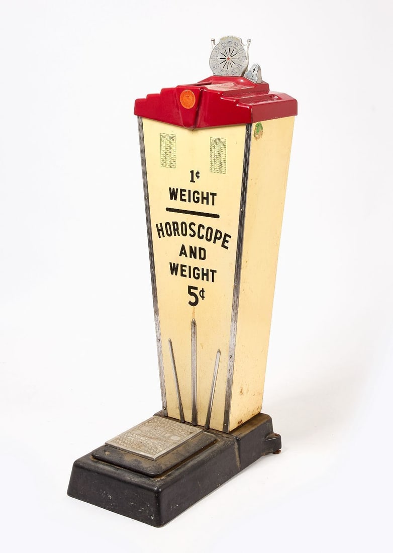 American Scale Mfg 1-Cent Horoscope and Weight Machine: American Scale Mfg Co (Washington DC), 1-cent horoscope and weight scale. 1 cent for weight, 5 cent for horoscope. Art deco style porcelain cabinet. circa 1930-40. H 53 in. W 17 in. D 23-3/4