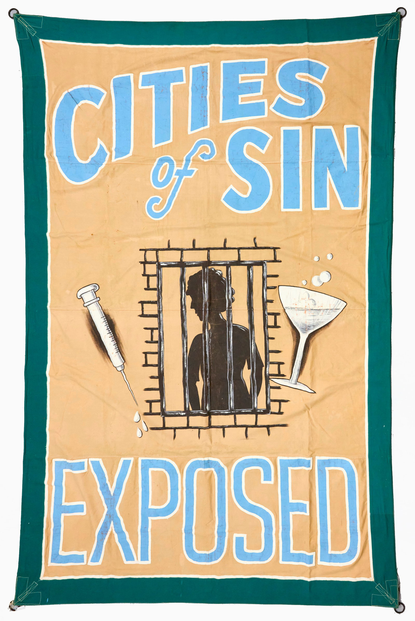 Cities of Sin Exposed Sideshow Banner: Cities of Sin Exposed - sideshow banner. Single-sided original paint on canvas with original hanging hooks. American, circa 1960-70. H 137 in. W 89-1/2 in.