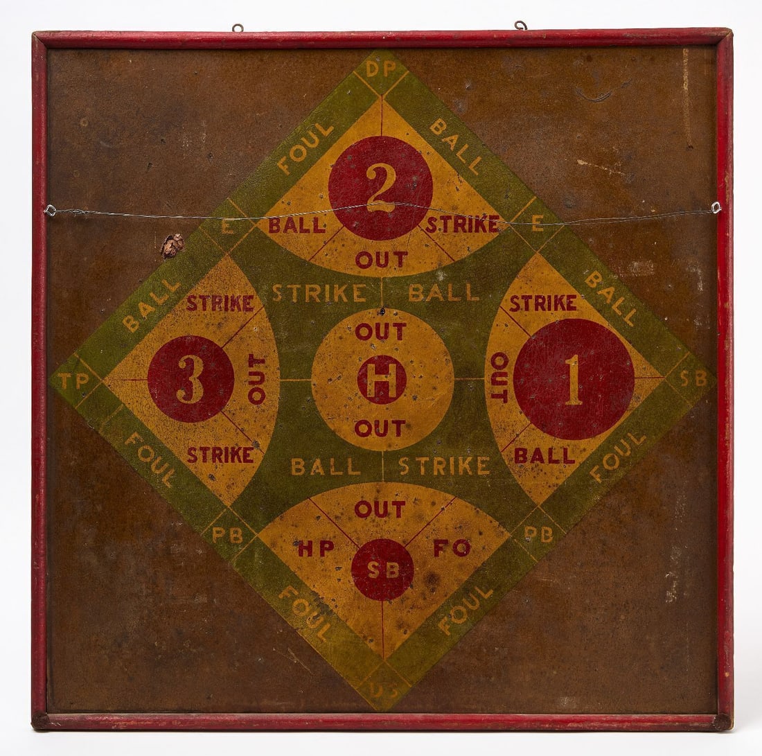 Baseball Game Board With Target: Baseball game board with target on reverse. Original paint on framed plywood panel. American, circa 1950. H 24-3/4 in. W 24-3/4 in.