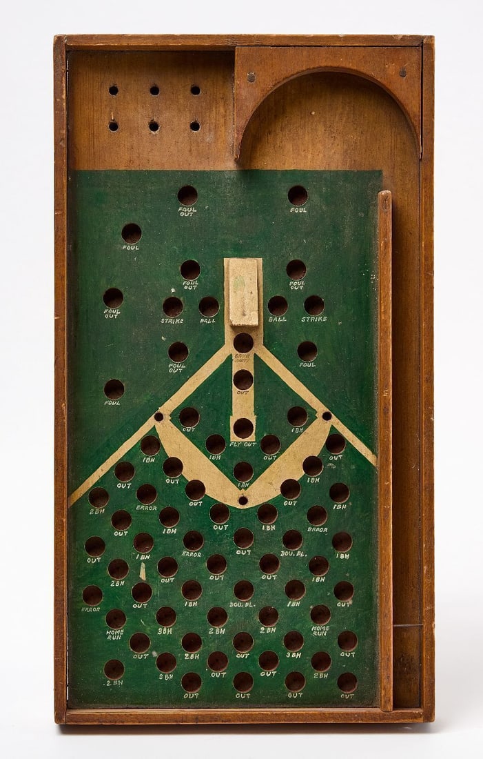 Bagatelle Game Board: Bagatelle game board. Original paint on wood board. baseball-themed. American, circa 1930s-1950s. H 18-1/2 in. W 10-1/4 in.