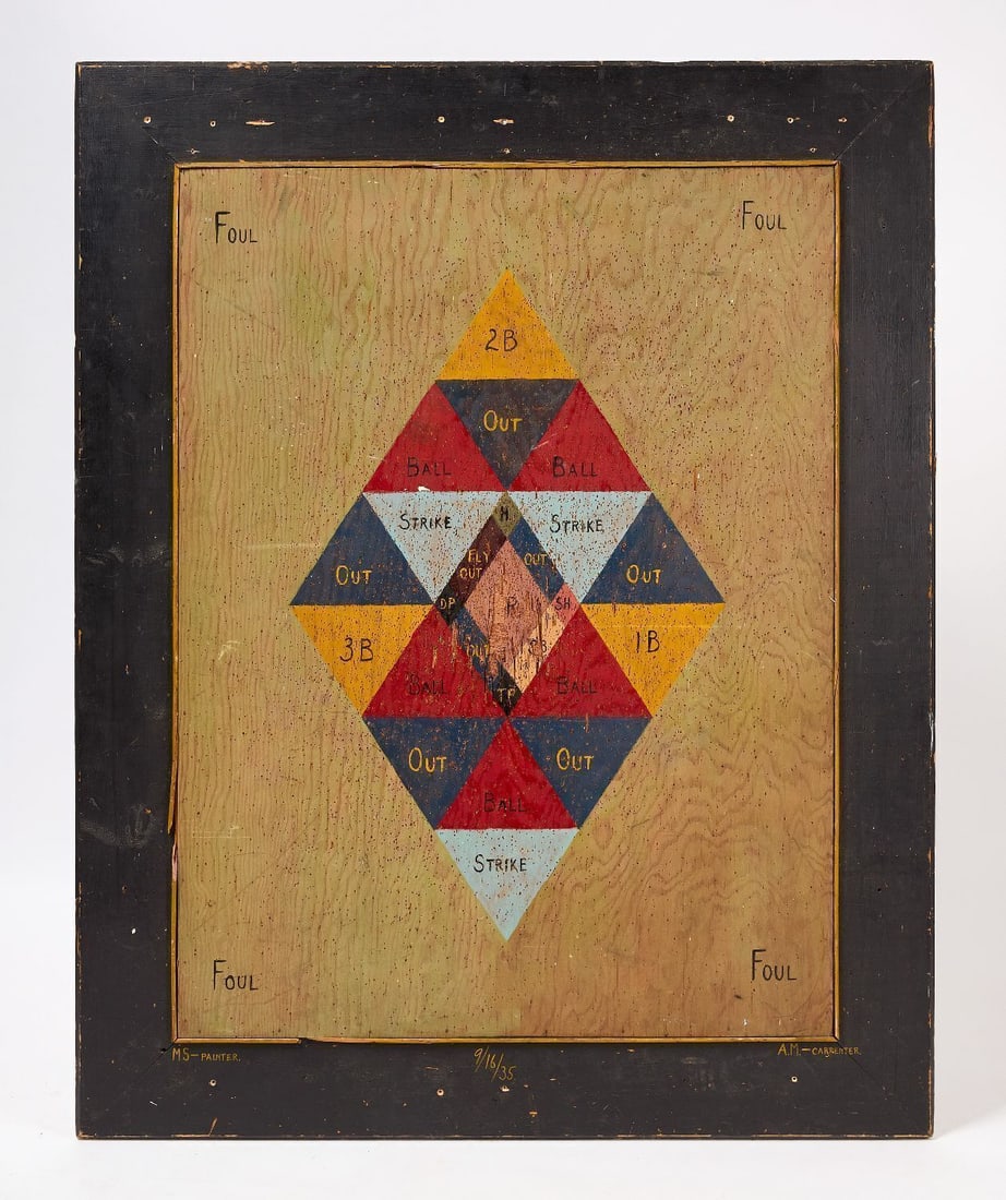 Large Carnival Game Board: Large carnival game board. Origninal paint on wood panel with applied play area molding. Signed by painter and dated 1935. American. Provenance: Collection of Bruce and Doranna Wendel. Overall: L