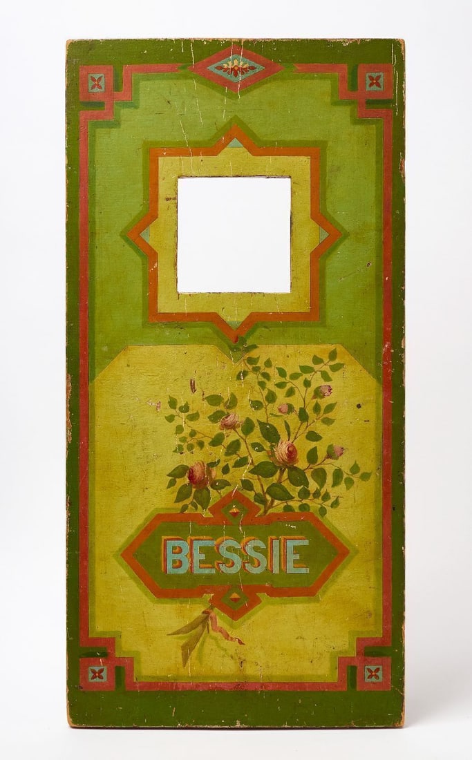 Paint-Decorated Carnival Panel 'Bessie': Carnival panel or game 'Bessie'. Original paint on wood panel. American, circa 1930-1950. H 30 in. W 14-3/4 in.