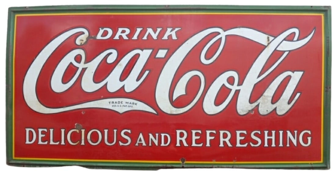 Large Coca Cola Porcelain Sign: Coca Cola sign bearing the slogan 'Delicious and Refreshing'. Single-sided porcelain. Tennessee Enamel Mfg Co (Nashville). American, dated 1932.H 48 in. W 96 in.