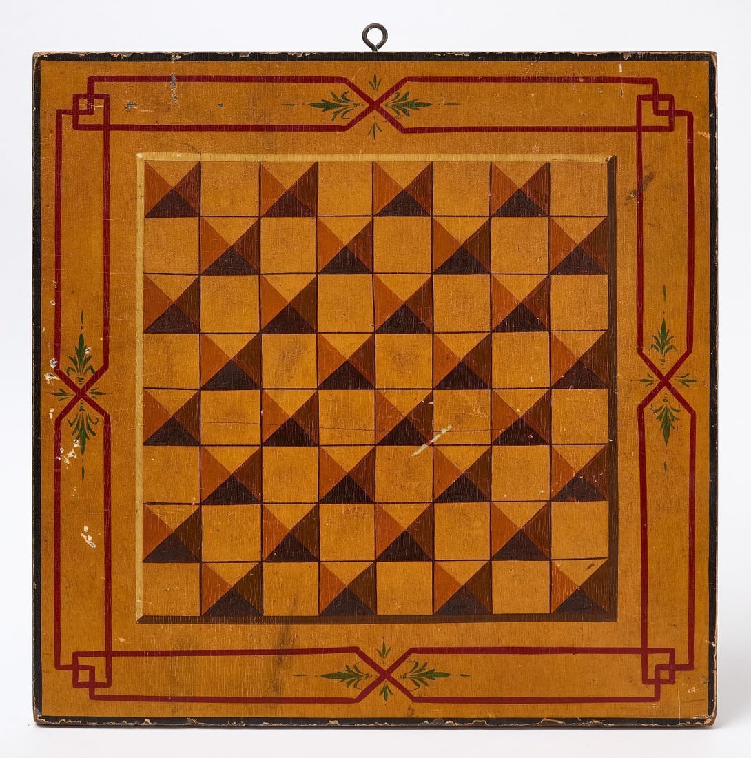 Checkers Gameboard: Checkers gameboard. Original paint on wood panel. American, late 19th century. H 17-1/2 in. W 17-3/4 in. Collection of Bruce and Doranna Wendel.