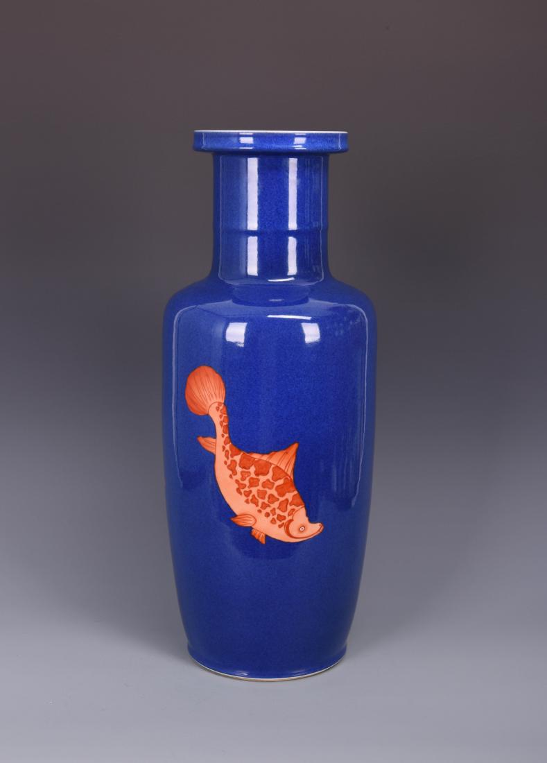 A BLUE -GLAZED AND IRON RED 'FISH' BOTTLE VASE, KANGXI (1 of 8)