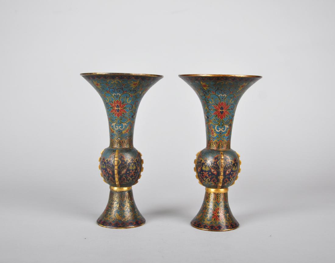 A PAIR OF CLOISONNE ENAMEL GU-FORM VASES, QIANLONG (1 of 4)