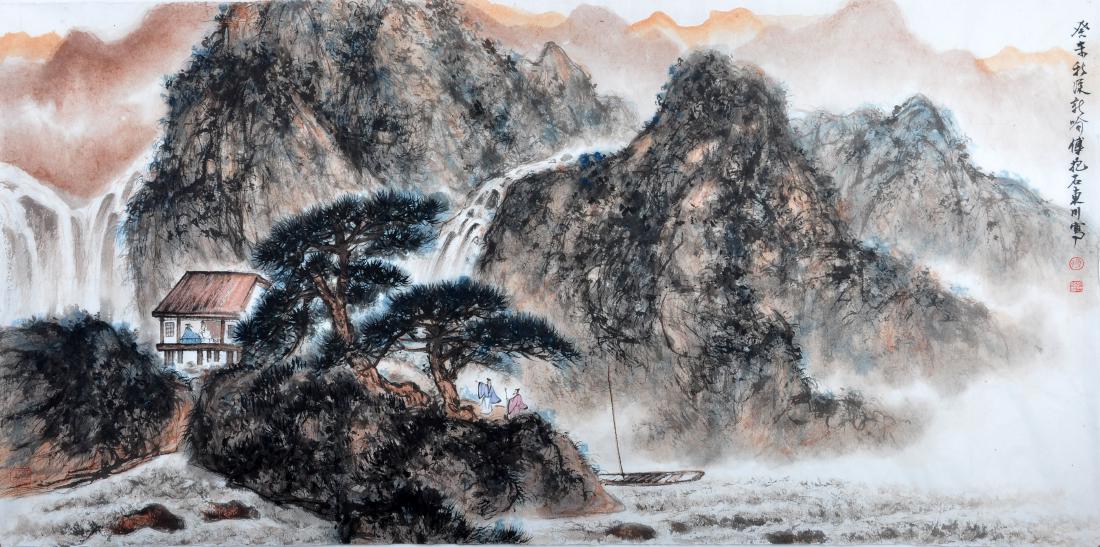 AN INK HAND PAINTING; FU, BAOSHI (1904-1965): An Ink Hand Painting; Fu, Baoshi (1904-1965); 溪山訪友, 紙本鏡心; 傅抱石 68x137cm