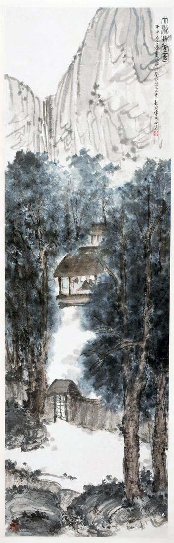 AN INK HAND PAINTING SCROLL; FU, BAOSHI (1904-1965): An Ink Hand Painting Scroll; Fu, Baoshi (1904-1965); 大滌草堂圖, 紙本立軸; 傅抱石 144x44cm