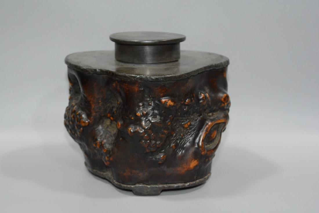 A TIN INSET HARDWOOD  TEA JAR, 'ZHANG ZHOU RONG JI' (1 of 3)