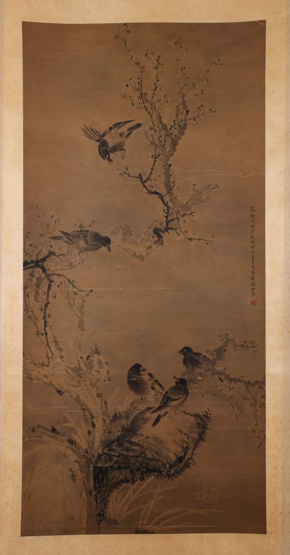 A CHINESE PAINTING, AFTER SHEN QUAN, INK AND COLOUR ON: A Chinese Painting, After Shen Quan, Ink And Colour On Paper, Hanging Scroll; 沈銓; 花鳥; 紙本立軸 Dimension: 131x63cm Currency: Price in USD