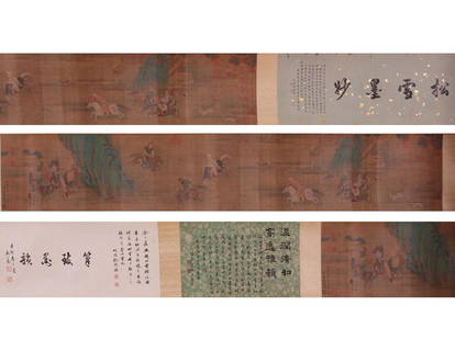 A CHINESE PAINTING, AFTER ZHAO MENGFU, INK AND COLOUR: A Chinese Painting, After Zhao Mengfu, Ink And Colour On Silk, Hand Scroll; 趙孟頫; 狩獵圖手卷; 絹本手卷 Dimension: 396x29cm Cur