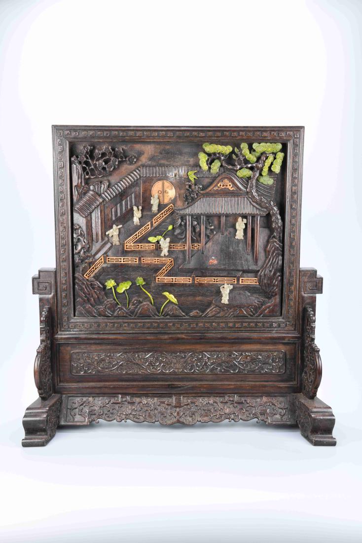 A CHINESE ZITAN TABLE SCREEN, INSCRIBED, 18TH CENTURY (1 of 15)