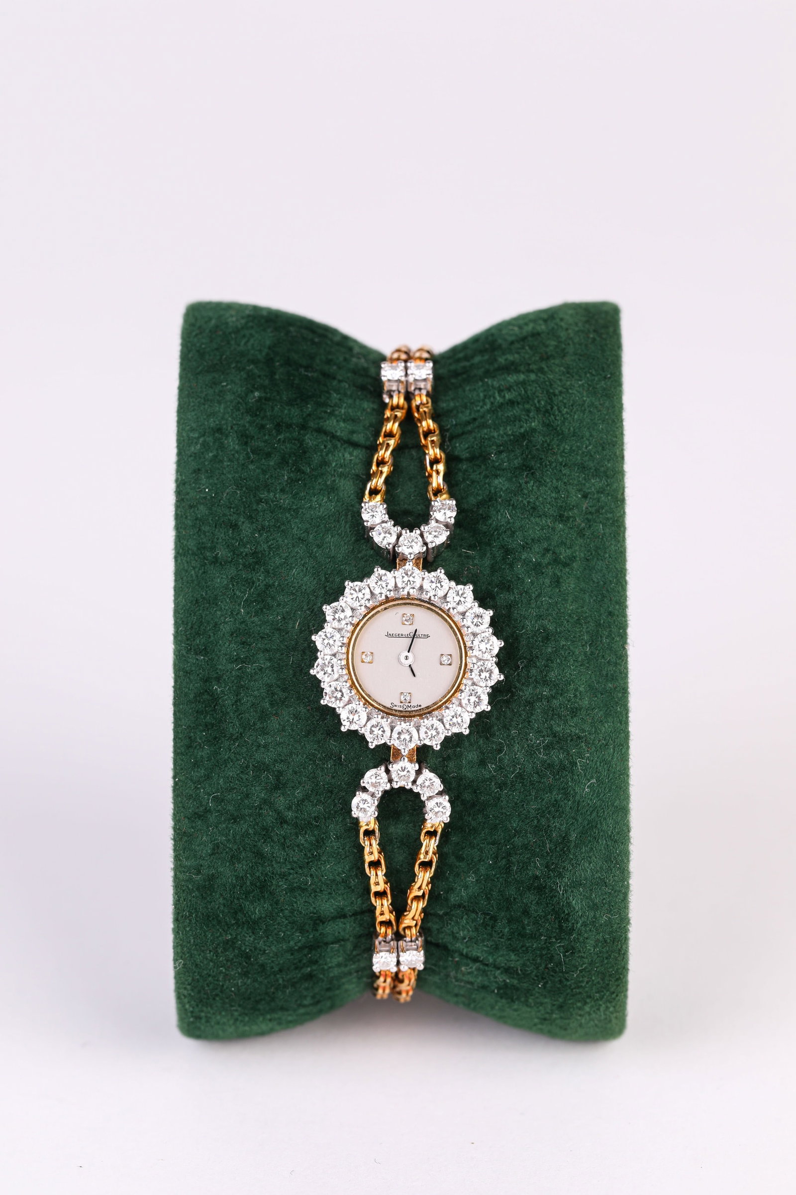 JAEGER-LECOULTRE 18K GOLD DIAMOND POCKET WATCH WITH CHAIN: WIDTH 19 MM