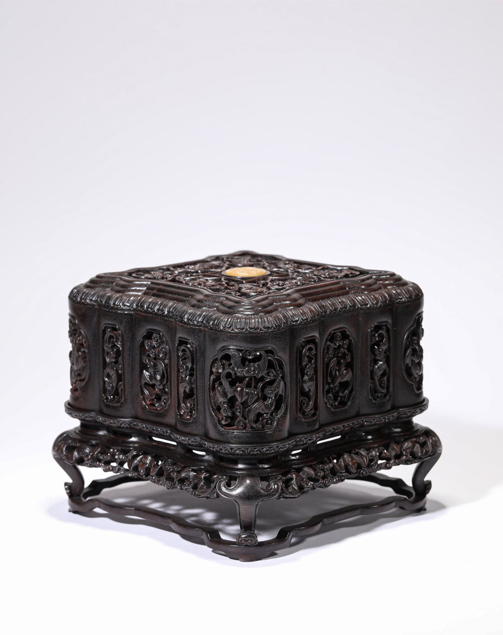 A ZITAN 'HUNDRED BLESSINGS' COVERED BOX: LENGTH 21 CM × WIDTH 21 CM × HEIGHT 17 CM