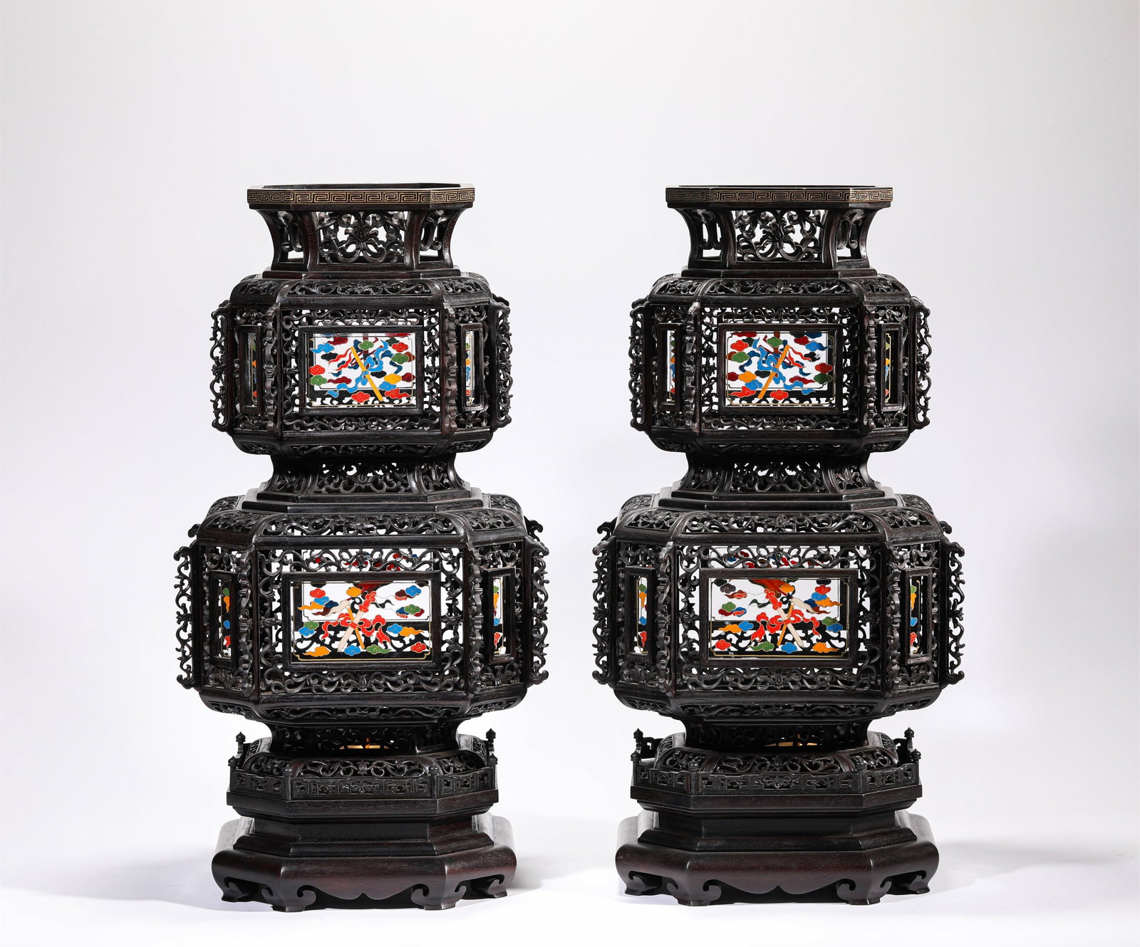 A PAIR OF ZITAN 'EIGHT TREASURES' LANTERNS: LENGTH 27 CM × WIDTH 26 CM × HEIGHT 52 CM