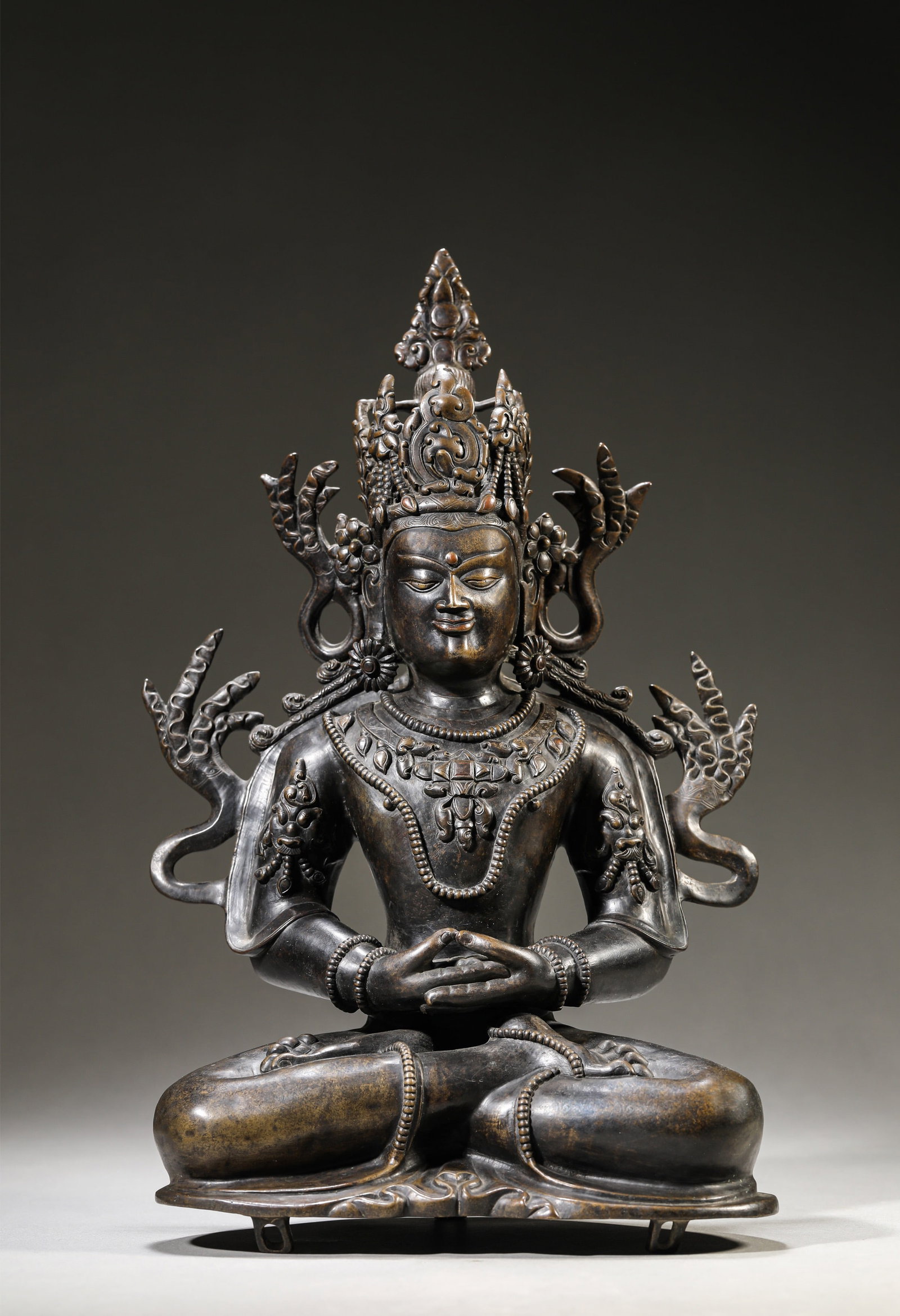 A SILVER-INLAID ALLOY FIGURE OF AMITAYUS IN THE PALA STYLE: WEIGHT 3.55 KG; LENGTH 22 CM Ãƒâ€” WIDTH 12.3 CM Ãƒâ€” HEIGHT 34 CM