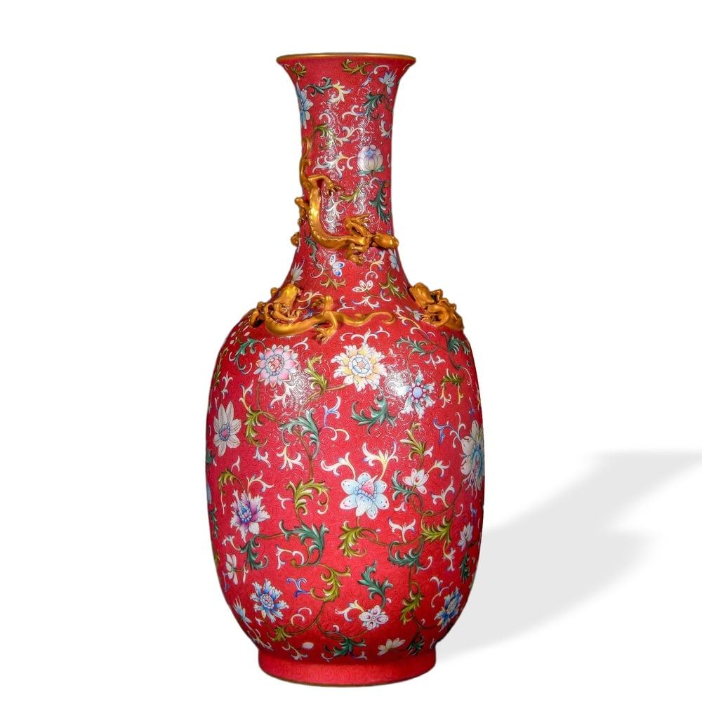 QIANLONG FAMILLE ROSE 'FLORAL SCROLL' REWARD VASE WITH APPLIED GILT CHILONG DRAGONS ON ROUGE-PINK: Qianlong Famille Rose 'Floral Scroll' Reward Vase with Applied Gilt Chilong Dragons on Rouge-Pink Sgraffito Ground Dimensions: H: 21 1/4 in (54 cm); W: 9 1/2 in (24 cm) This monumental reward vase (sh