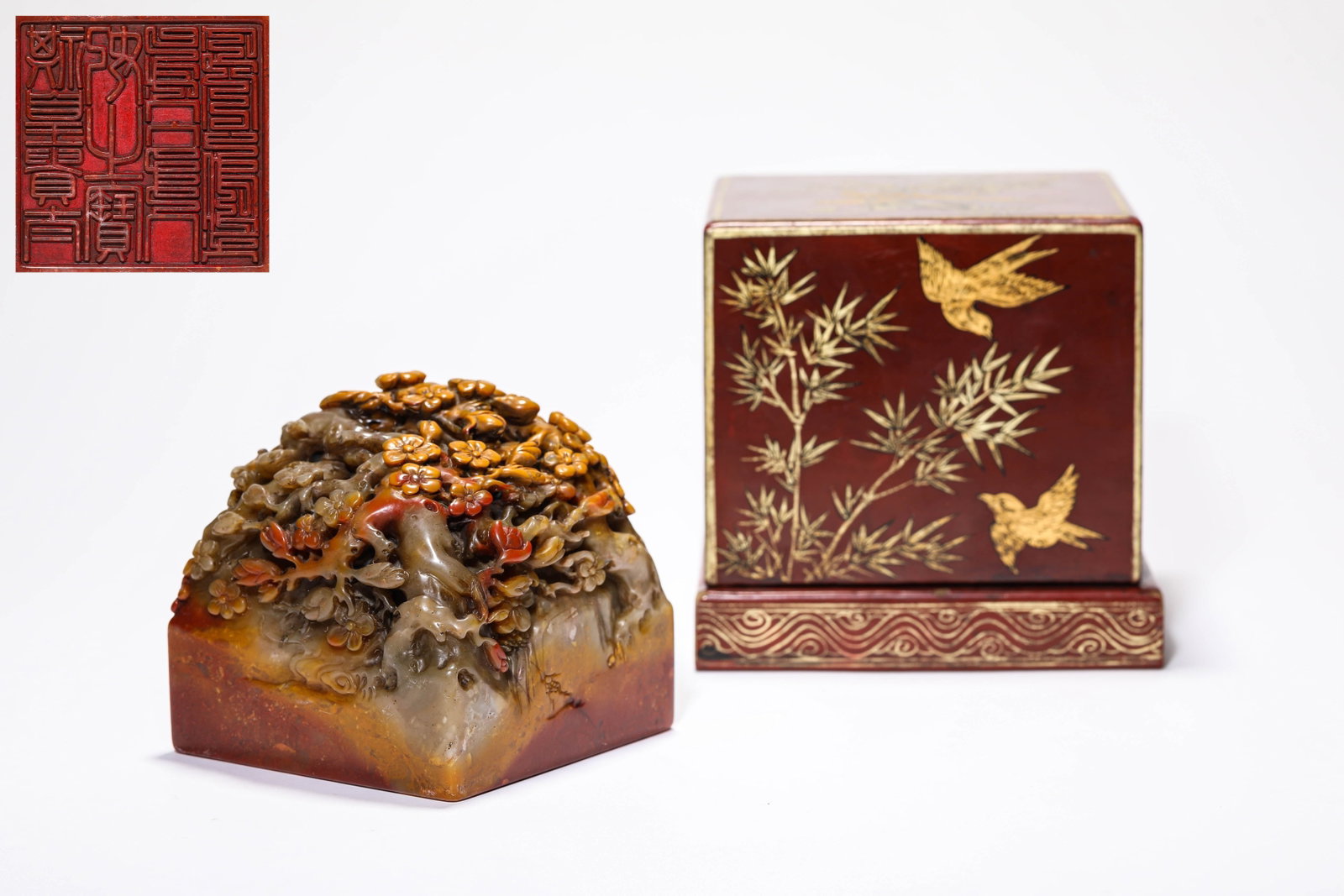 A SHOUSHAN STONE 'PLUM BLOSSOM' SEAL: LENGTH 9.9 CM × WIDTH 9.8 CM × HEIGHT 9.8 CM