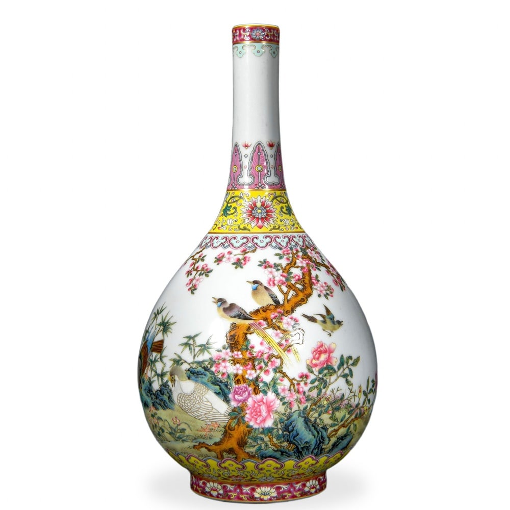YONGZHENG FAMILLE ROSE 'MAGPIES AND PHEASANT ON FLOWERING BRANCHES' GALLBLADDER VASE: Yongzheng Famille Rose 'Magpies and Pheasant on Flowering Branches' Gallbladder Vase Dimensions: H: 13 in (33 cm); W: 6 3/4 in (17 cm) This refined gallbladder vase (danping) exemplifies one of the