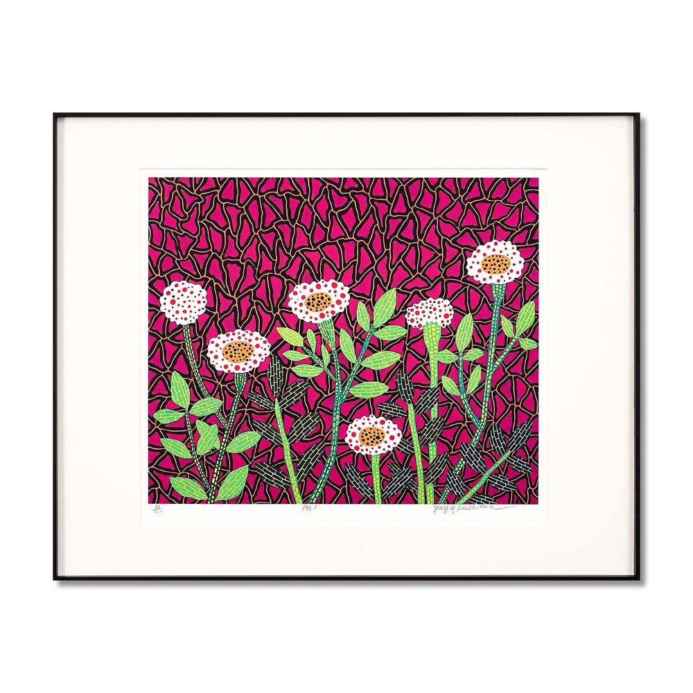 YAYOI KUSAMA (B.1929), SILKSCREEN PRINT: Signed (lower right) Image Dimensions: 18 1/2 x 16 3/8 in (47 x 41.5 cm) Framed Dimensions: 27 x 21 1/2 in (68.5 x 54.5 cm) Yayoi Kusama (b. 1929) stands as one of the most iconic and influential