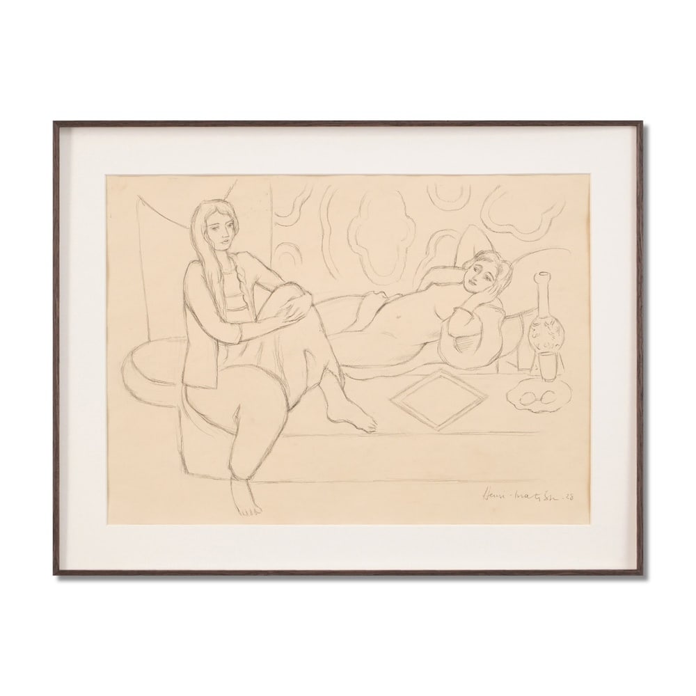 HENRI MATISSE (1869-1954), ATTRIBUTED TO, PENCIL ON CANVAS: Signed (lower right) Image Dimensions: 15 1/8 x 20 in (38.4 x 50.8 cm) Framed Dimensions: 25 x 19 1/8 in (63.4 x 48.6 cm) This painting comes with COA. This refined pencil drawing by Henri Matisse