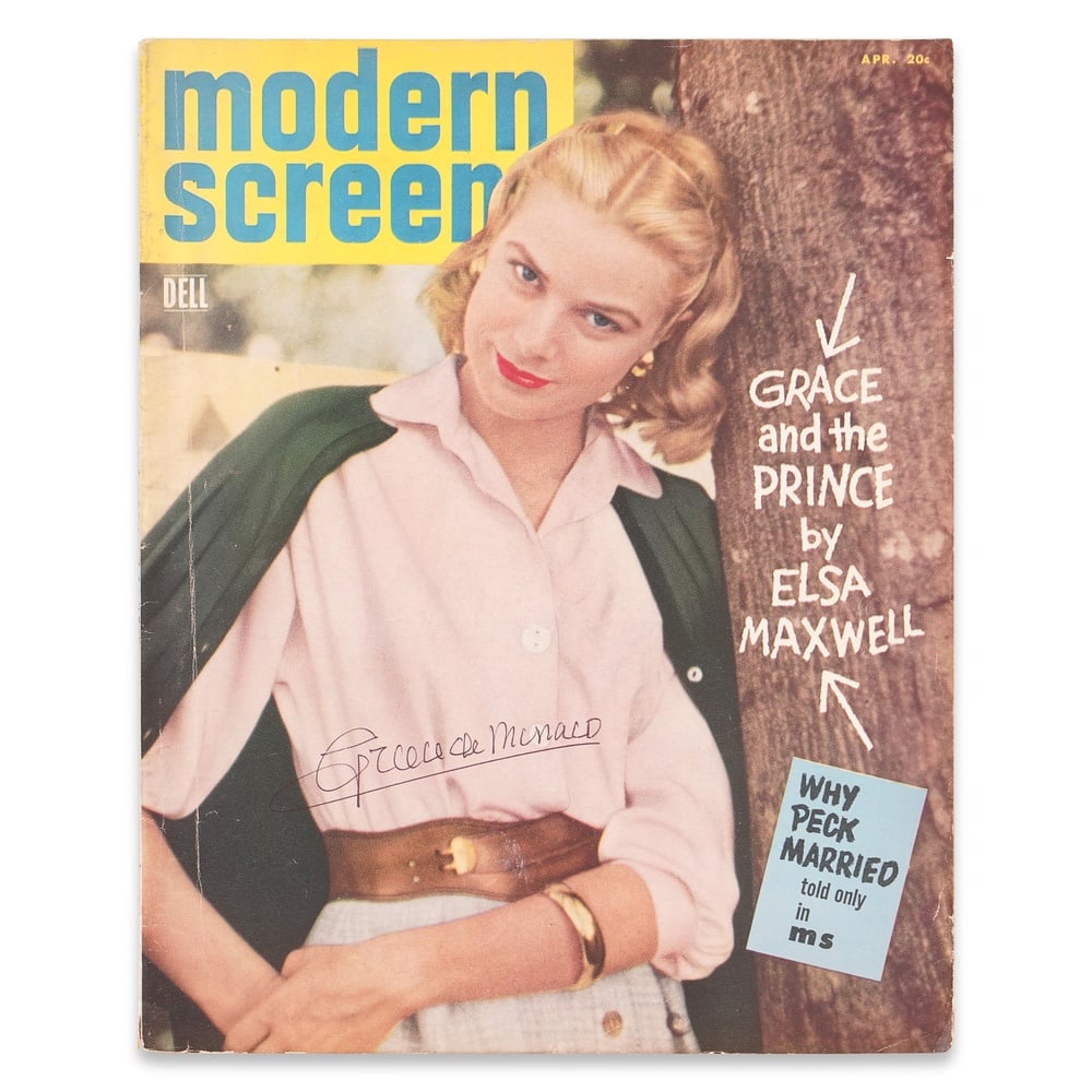 GRACE KELLY SIGNED MODERN SCREEN MAGAZINE: 10 7/8 x 8 1/2 in (27.7 x 21.7 cm) Provenance and Authentication: This collectible has undergone a rigorous forensic evaluation. The signatures were carefully analyzed across multiple criteria, includ
