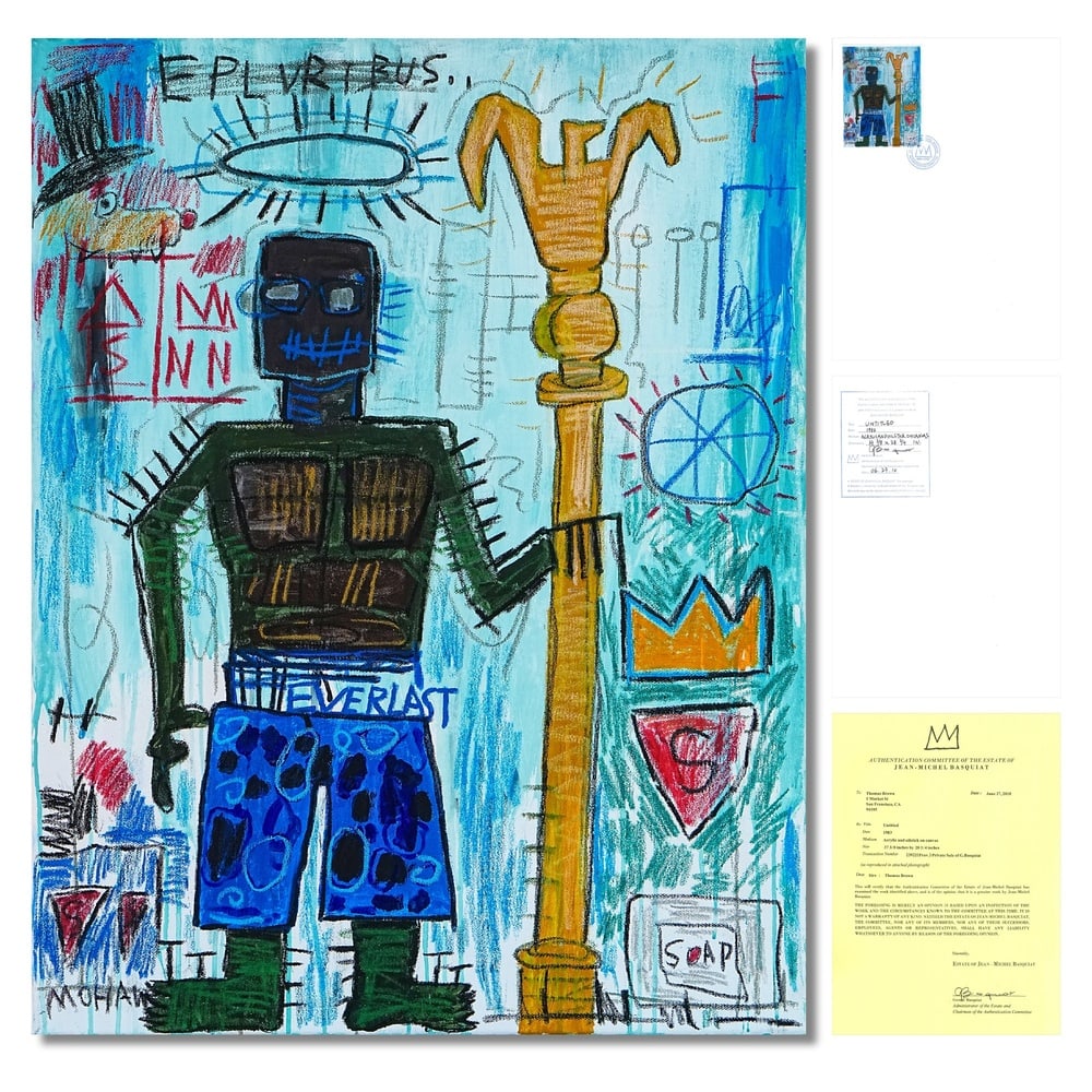 JEAN-MICHEL BASQUIAT (1960-1988), ATTRIBUTED TO, ACRYLIC AND OILSTICK ON CANVAS: Signed (verso) Image Dimensions: 37 3/8 x 28 3/4 in (95 x 73 cm) This painting comes with COA. Jean-Michel Basquiat stands as one of the most influential figures of late twentieth-century art, whose m