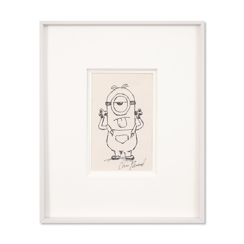 CHRIS RENAUD SIGNED SKETCH OF A MINION: Image Dimensions: 7 3/4 x 4 3/4 in (19.6 x 12 cm) Framed Dimensions: 16 x 13 in (40.5 x 33 cm) Provenance and authentication: This collectible has undergone a rigorous forensic evaluation. The