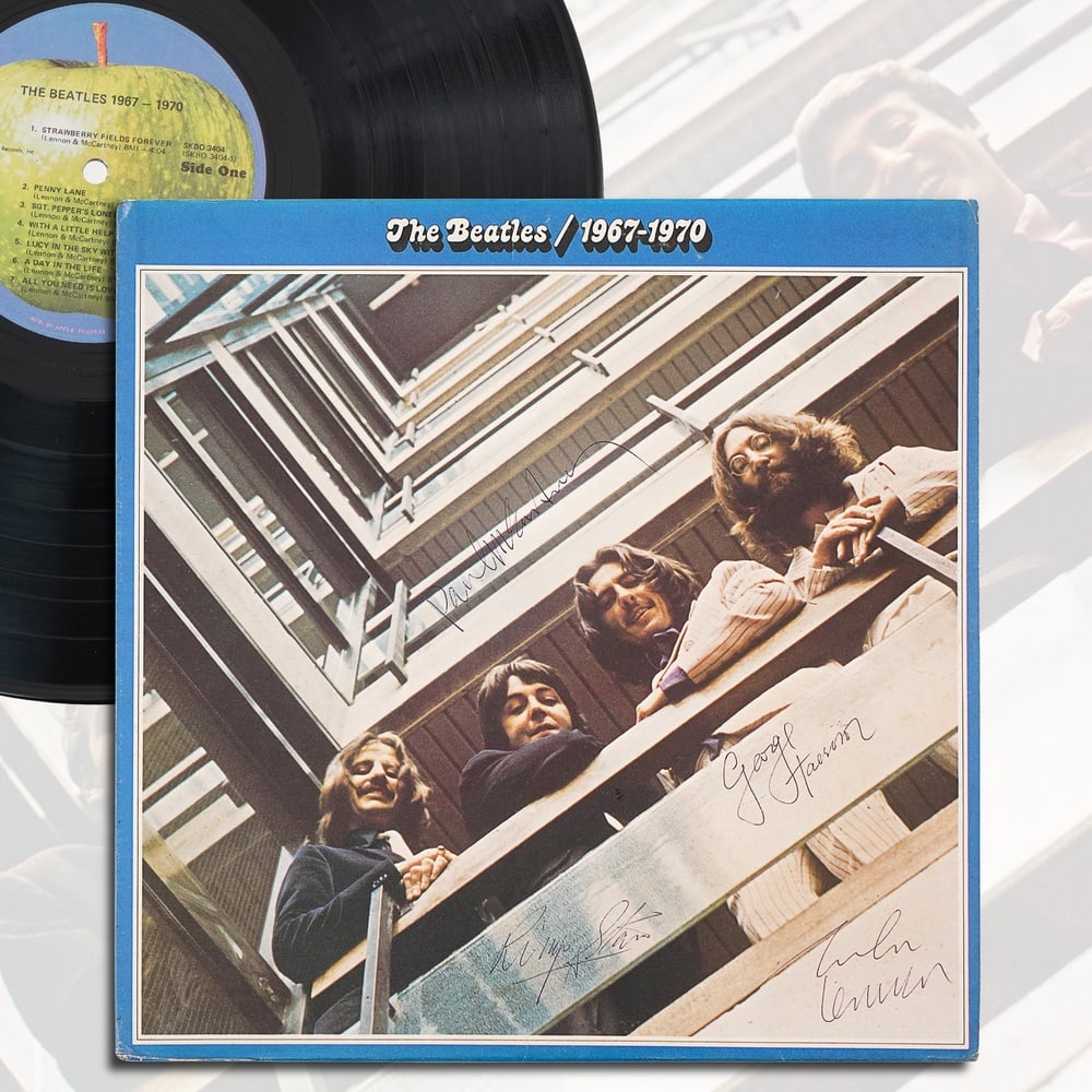 THE BEATLES FULLY SIGNED LP "1967-1970" (THE BLUE ALBUM, U.S. PRESSING): 12 1/4 x 12 1/4 Provenance and Authentication: This collectible has undergone a rigorous forensic evaluation. The signatures were carefully analyzed across multiple criteria, including ink
